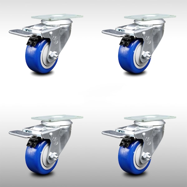 3 Inch SS Blue Polyurethane Top Plate Caster Set Total Lock Brake SCC